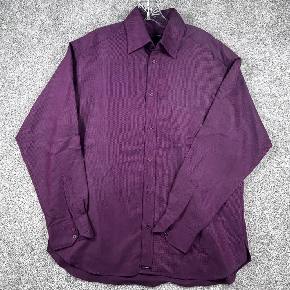 Ted Baker London Mens Size 3 Purple Ribbed Long Sleeve Button Down Shirt Plum
